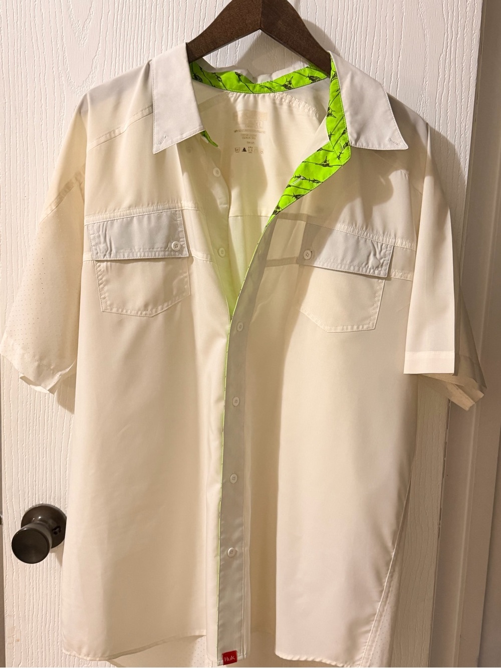 Huk Cream Short-Sleeve Button-Down Shirt with Neon Green Accent